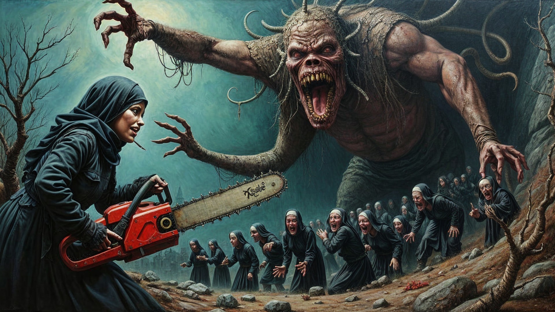 Dark Landscape with Woman, Chainsaw, and Monstrous Creature