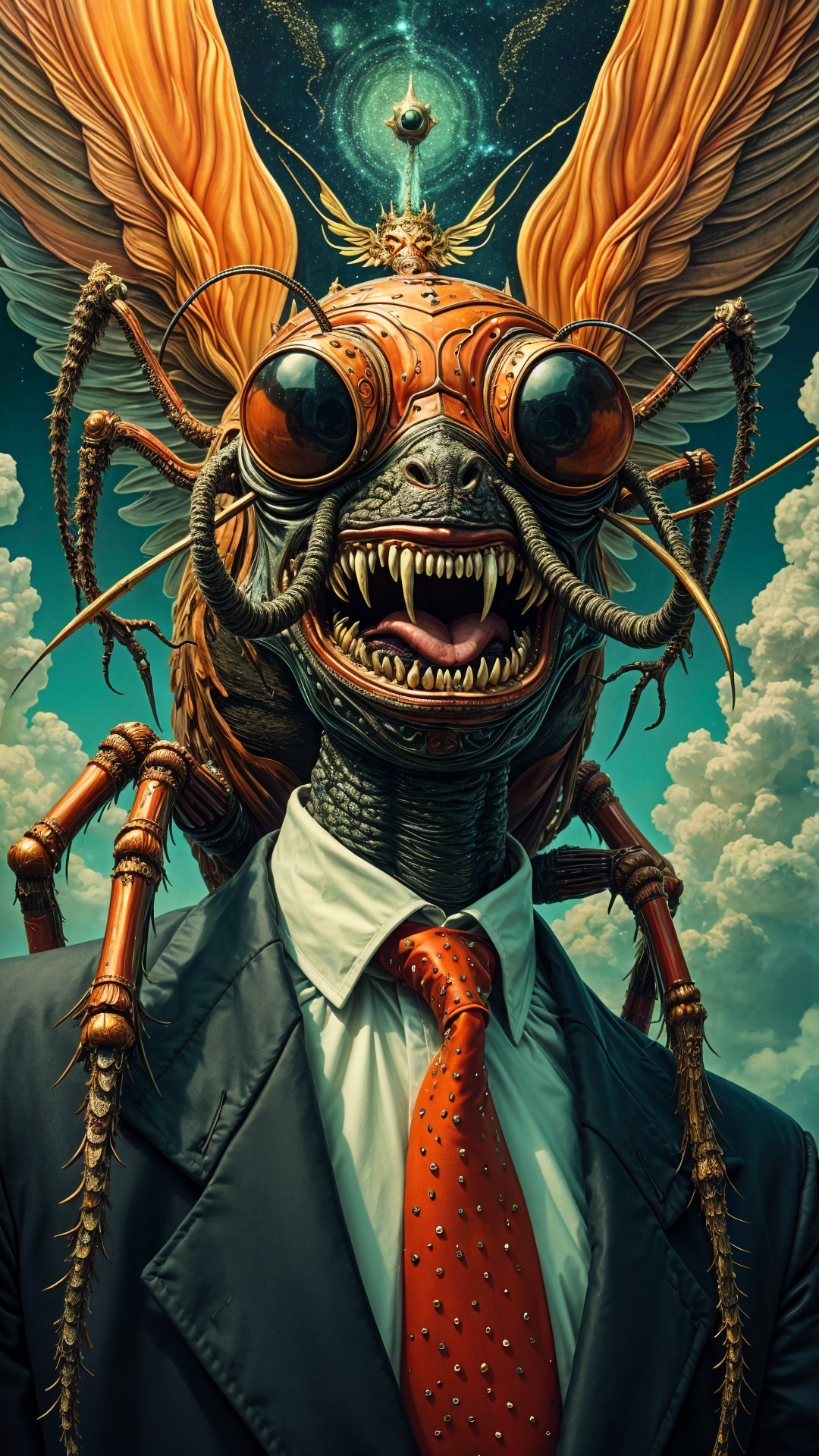 Insect-like Creature in Formal Suit Against Cosmic Background