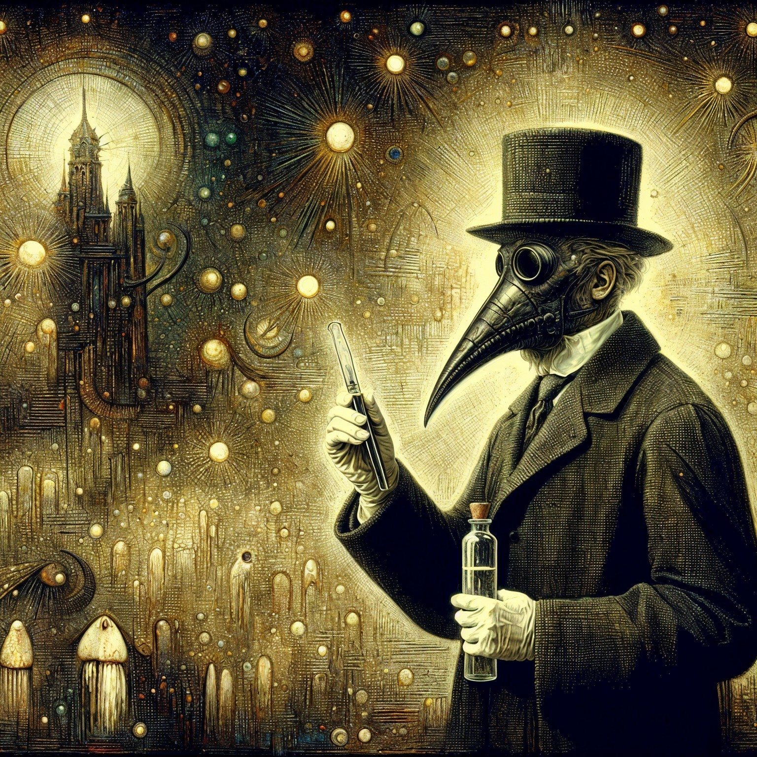 Plague Doctor Figure in Surreal Cityscape Background