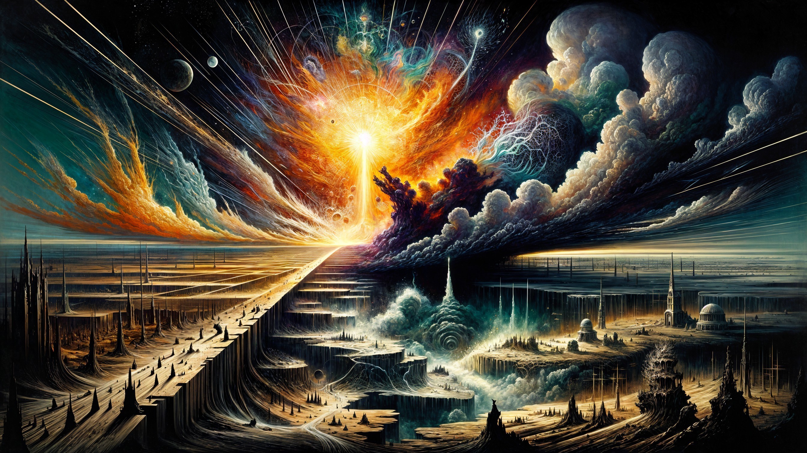 Vibrant Cosmic Scene with Exploding Sun and Figures