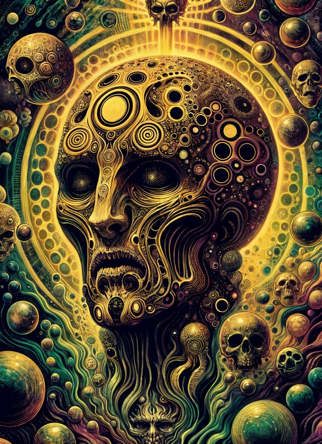 Psychedelic Human Skull with Swirling Patterns and Colors