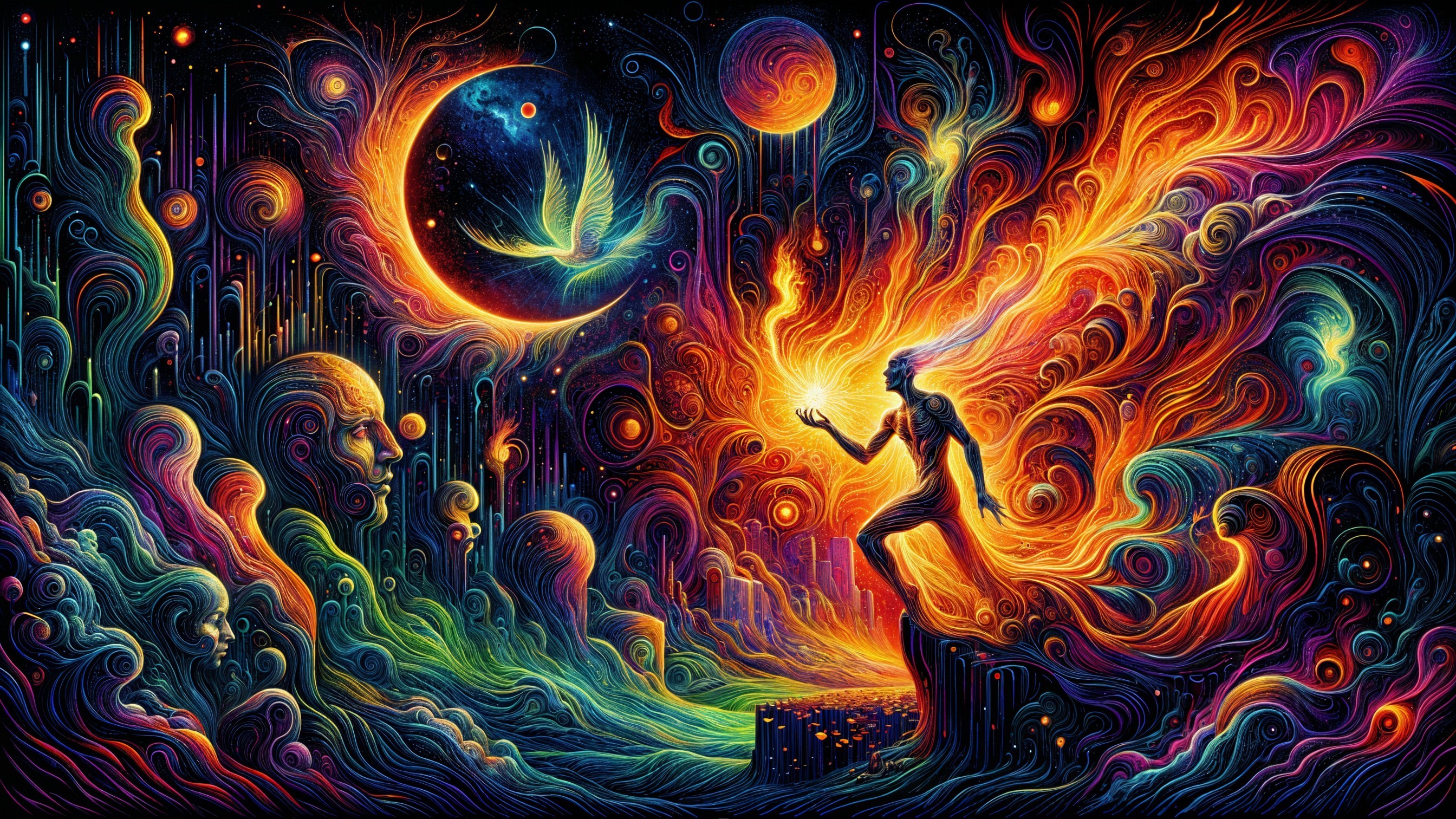 Radiant Figure Surrounded by Colorful Cosmic Elements