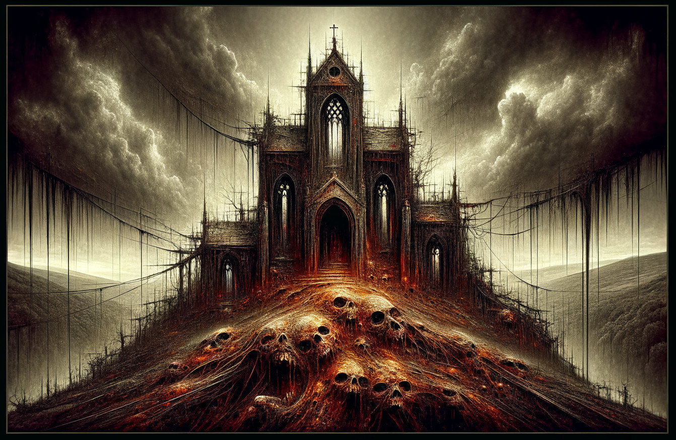 Gothic Cathedral Surrounded by Darkness and Decay