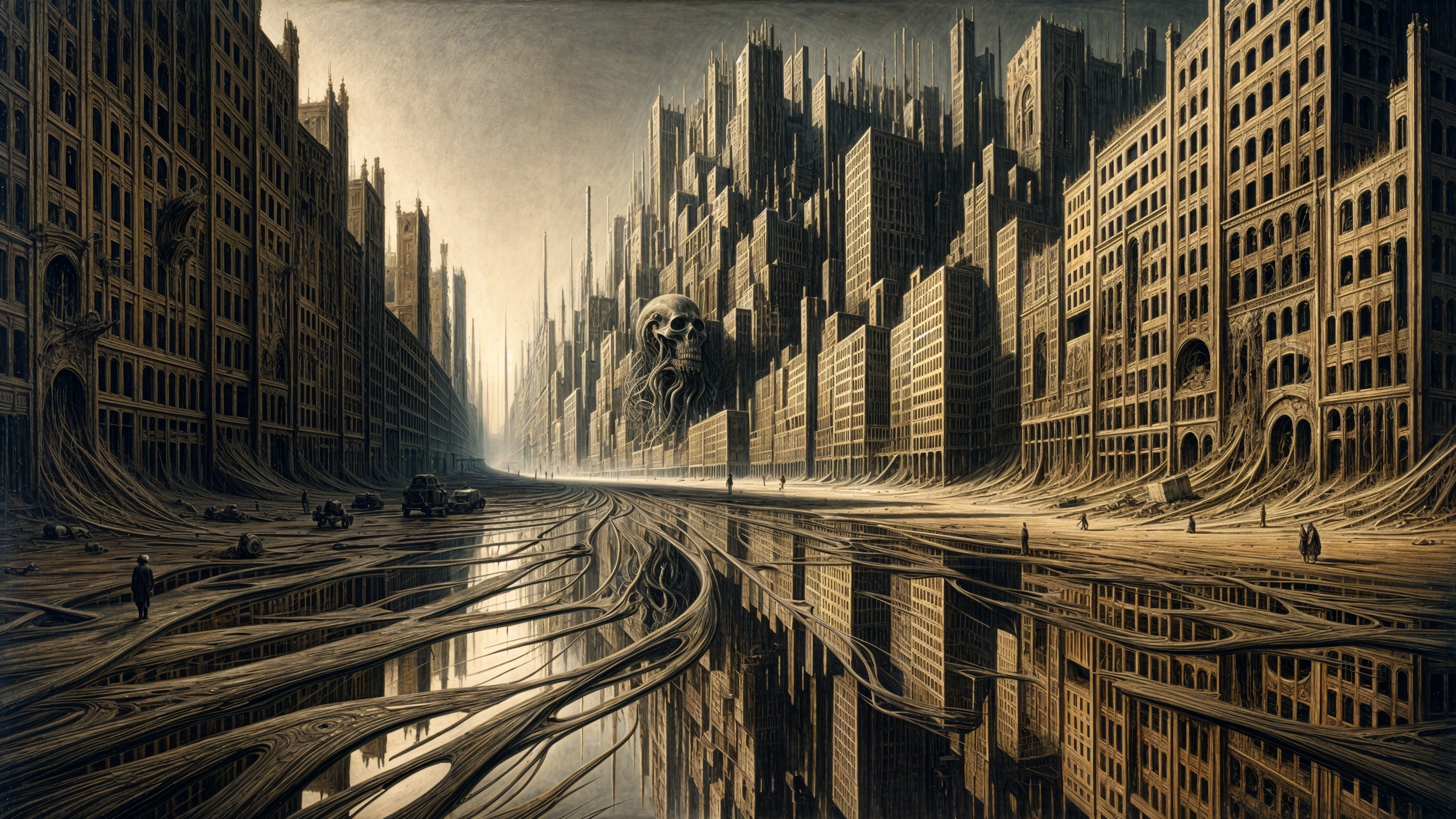 Surreal Dystopian Cityscape with Reflective River