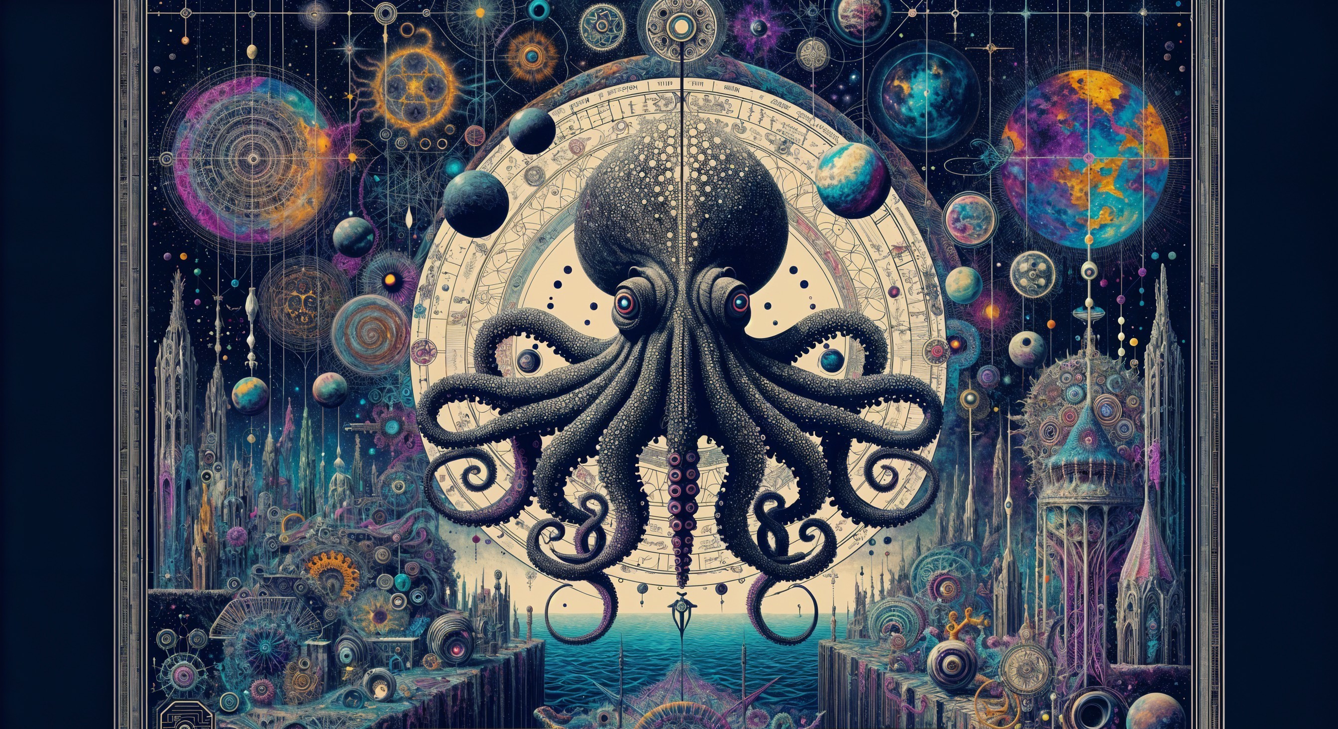 Cosmic Scene with Giant Octopus and Galaxies