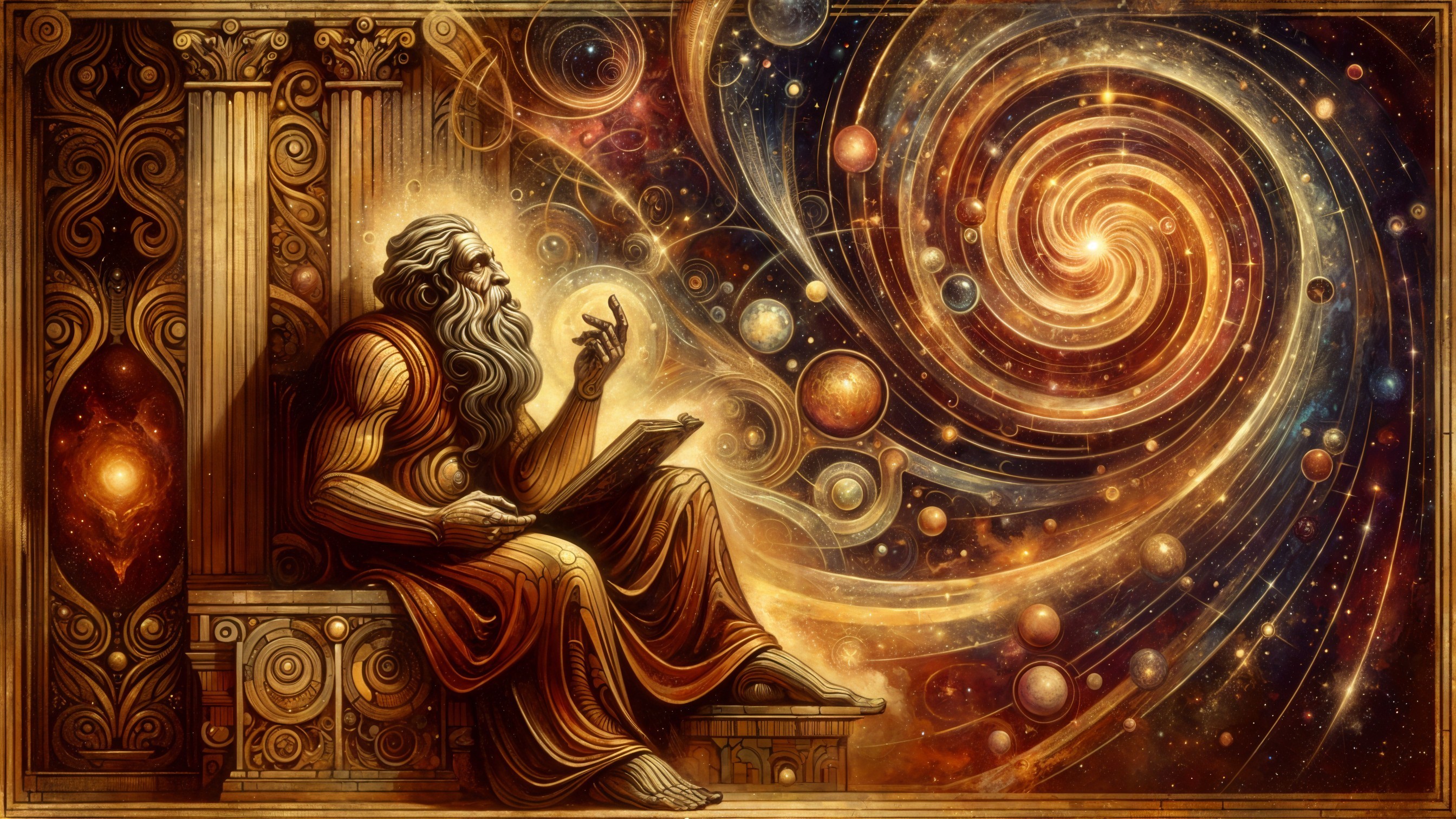 Ancient Sage Contemplating the Cosmos and Galaxies