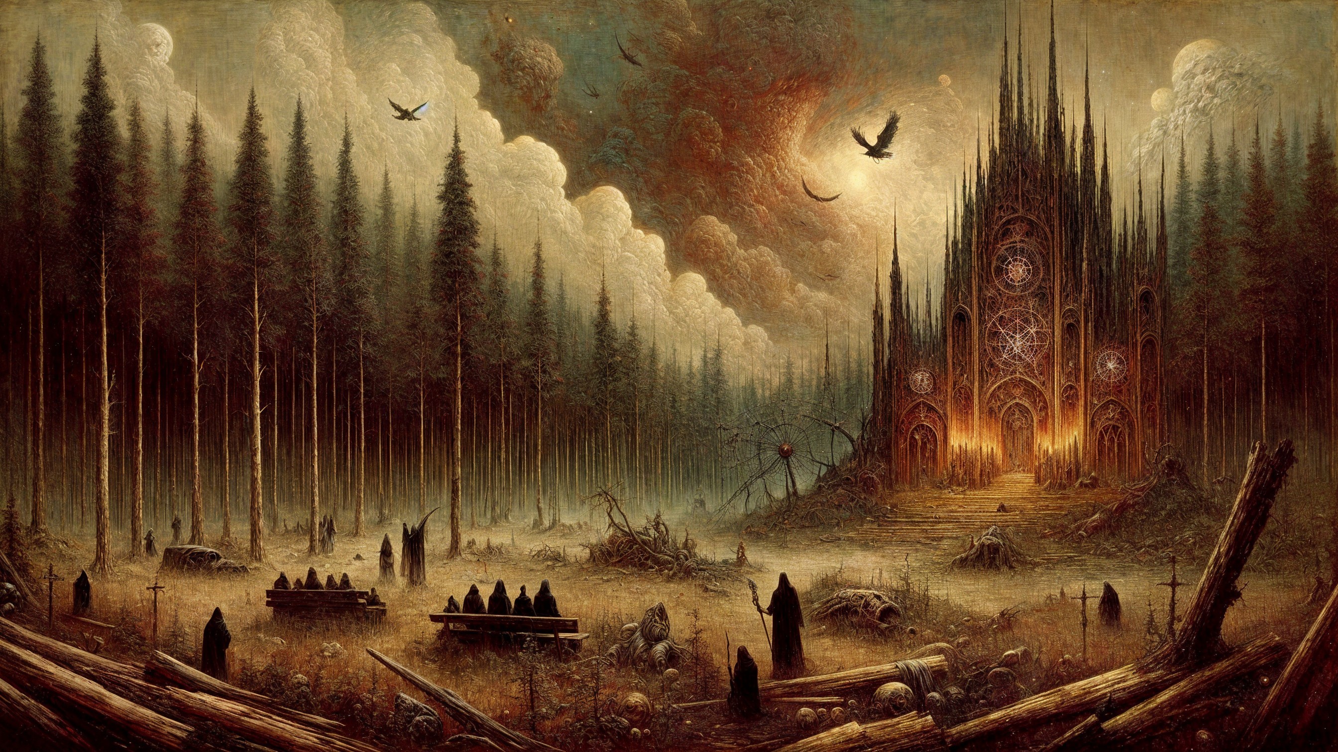 Gothic Cathedral in Dark Forest with Cloaked Figures