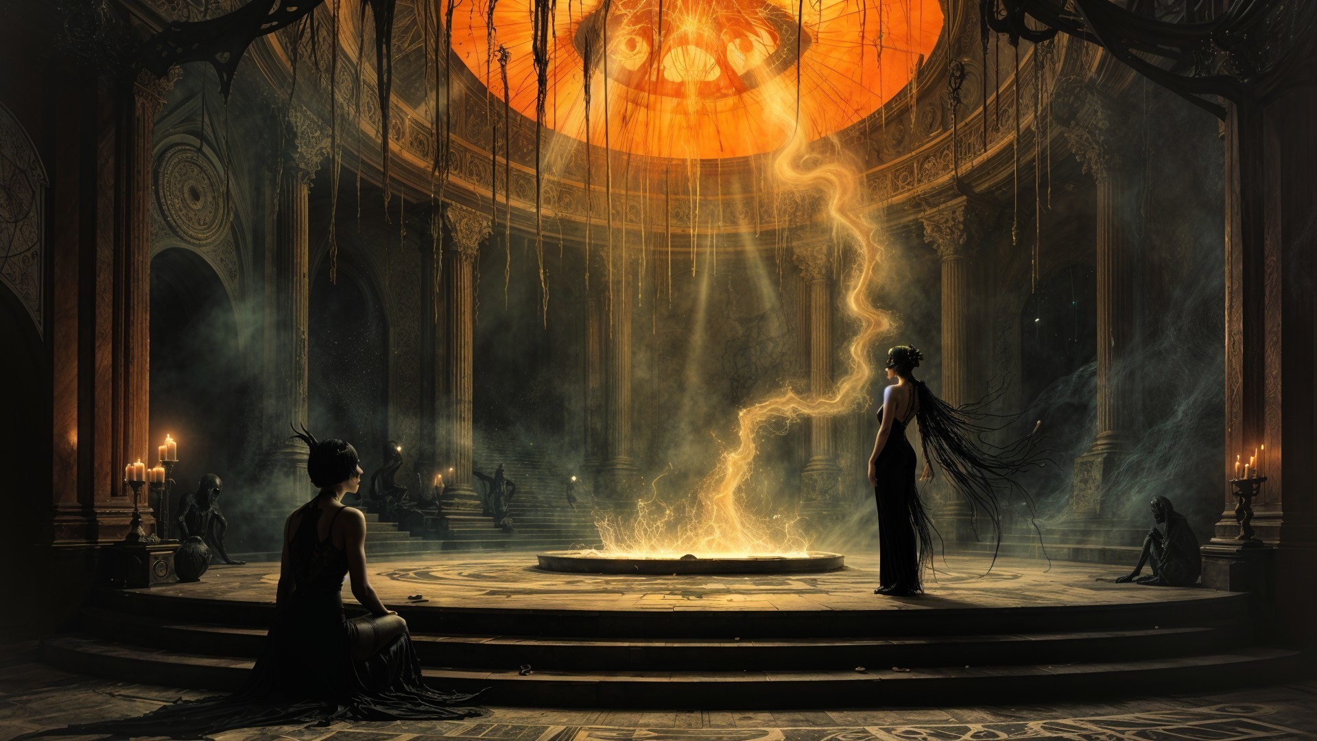 Figures in Black Garments by a Glowing Portal