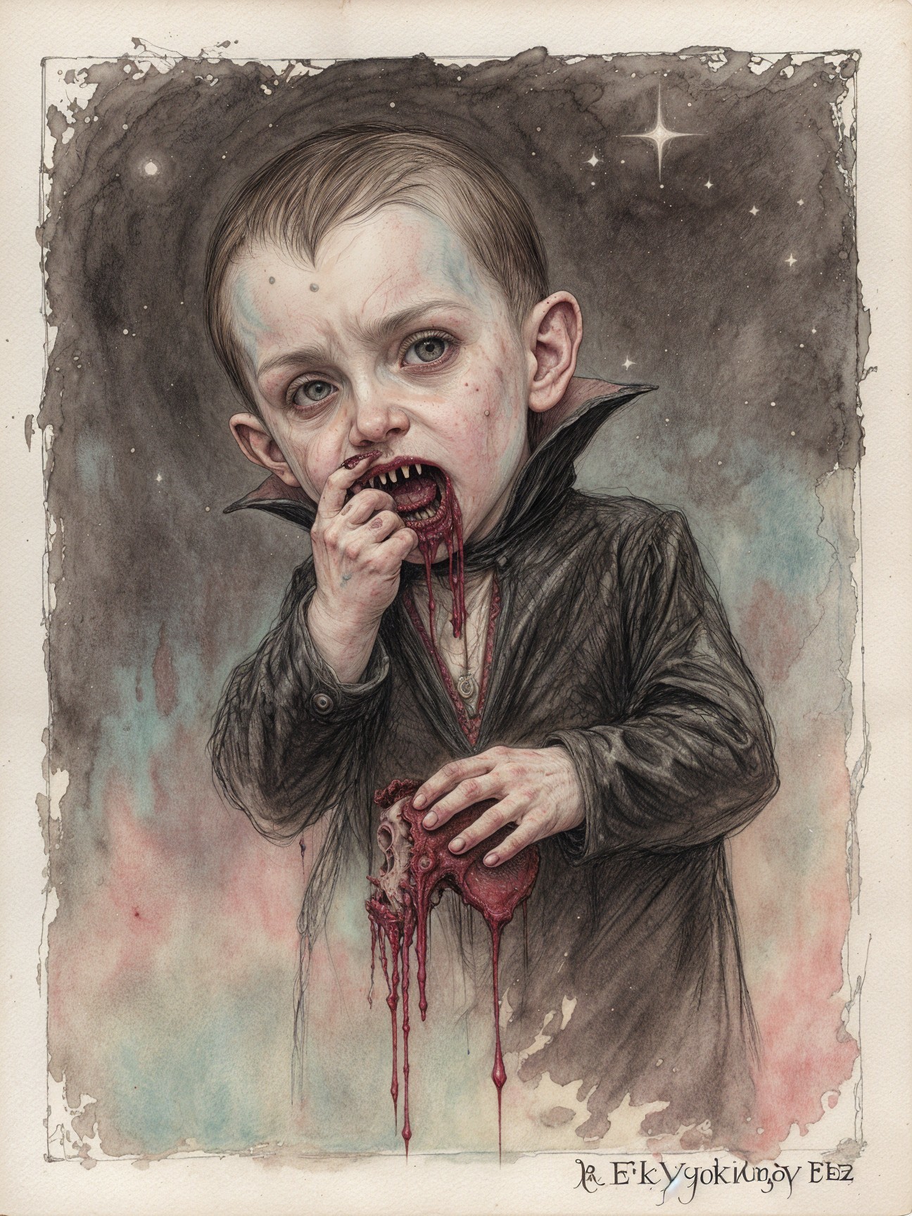 Haunting Illustration of a Pale Child with Fangs
