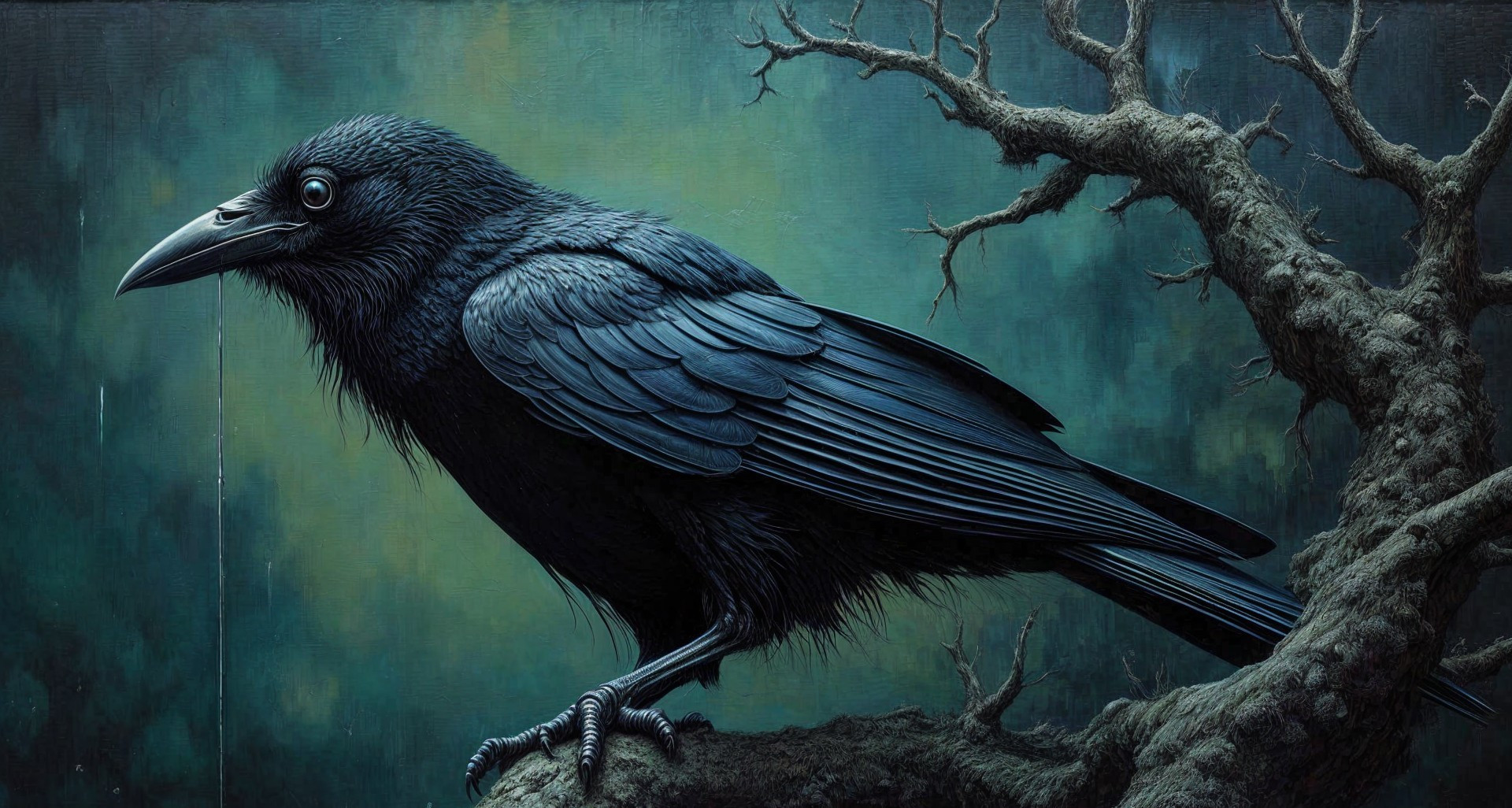 Raven on Gnarled Branch in Mystical Atmosphere
