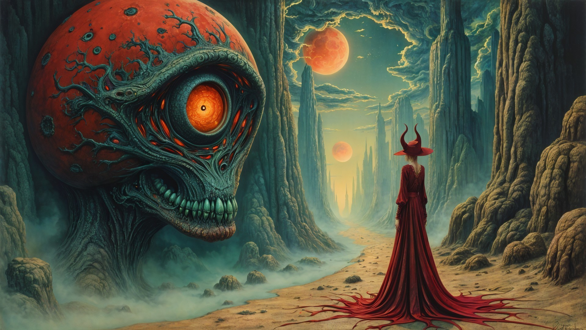 Surreal Landscape with Skull Creature and Mystical Figure