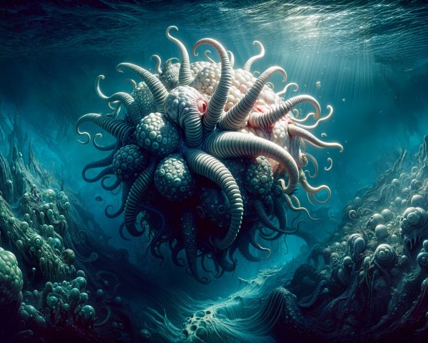 Large Cosmic Horror Sea Creature in Dark Teal Water