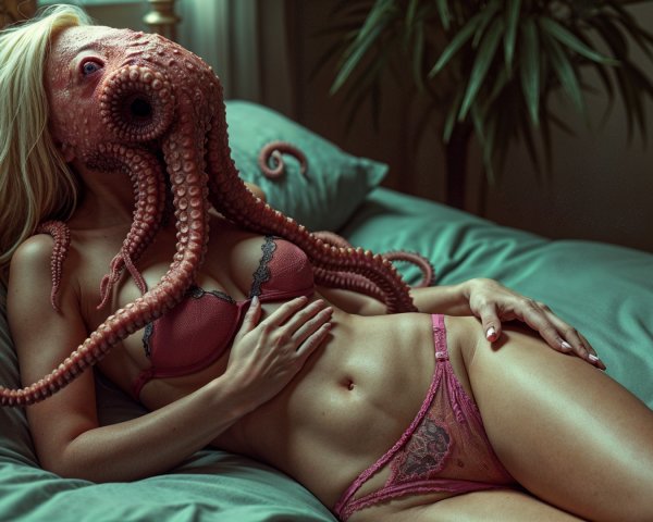 Surreal Scene of Woman with Octopus Head in Bed