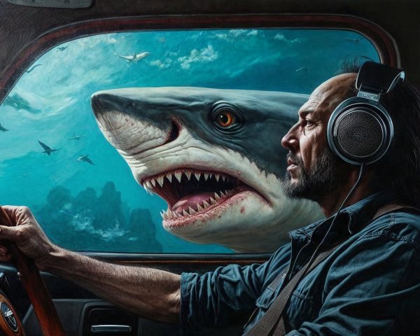 Man in Vintage Car with Great White Shark Outside
