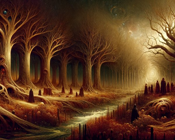 Mystical forest with ancient trees and serene river