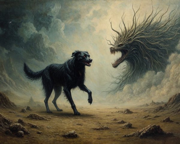 Black Dog Confronts Monstrous Cloud-Like Creature