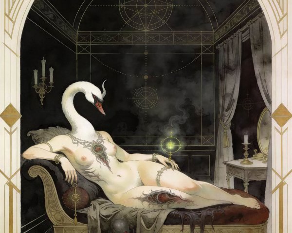 Watercolor Painting of Swan-Headed Female Figure