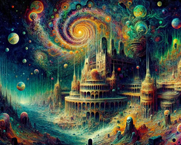Vibrant Cosmic Landscape with Swirling Galaxy and Planets