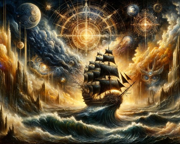 Majestic Sailing Ship Amid Cosmic Waves and Clouds