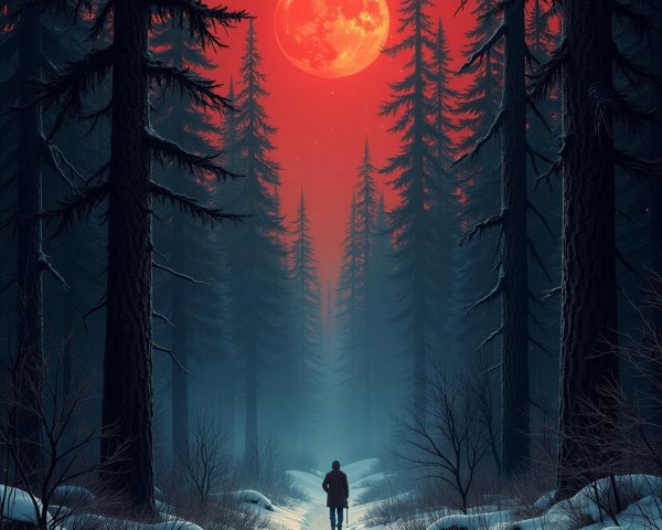 Man Walking on Snowy Path Under Orange Moon