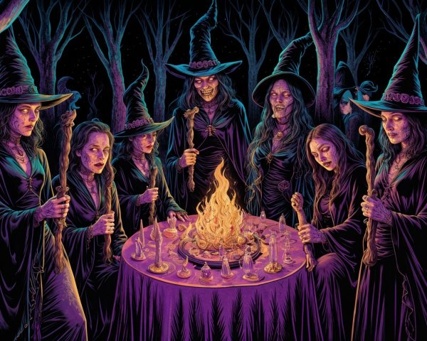 Witches Gather Around Fire in Dark Forest Setting