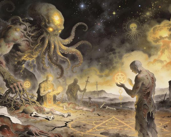 Dark Fantasy Scene with Cthulhu-like Entity and Cultists