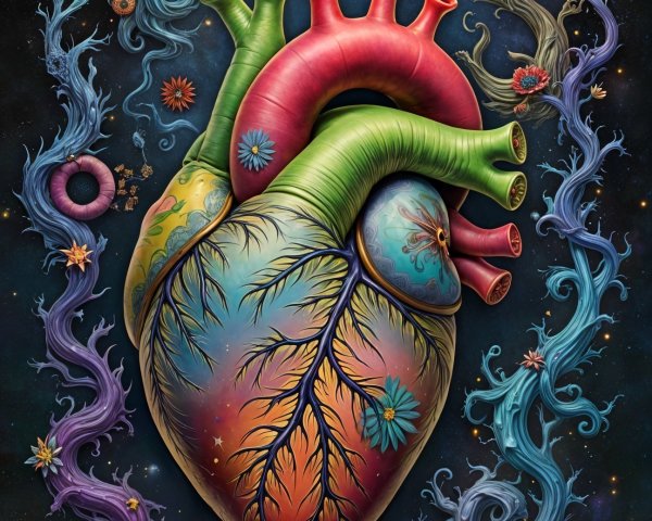 Vibrant Heart Design with Cosmic and Floral Elements