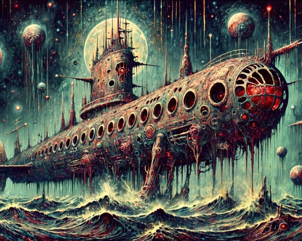 Surreal Cosmic Submarine in Dark Waters with Celestial Bodies