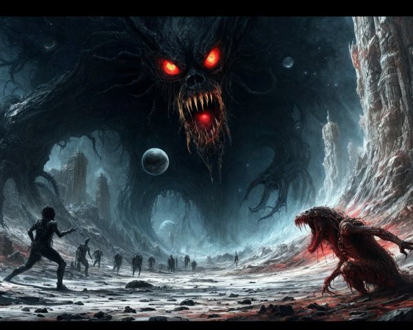 Ominous Landscape with Shadowy Figures and Creature