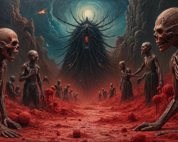 Surreal Landscape with Skeletal Figures and Ominous Entity