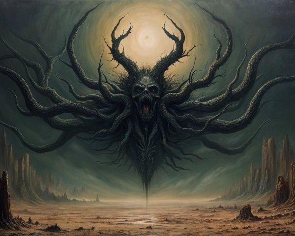 Surreal Landscape with Eerie Horned Figure and Rocks