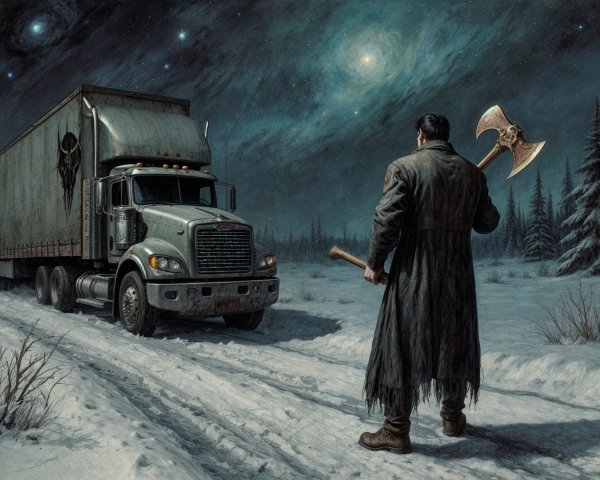 Lone Figure in Snowy Landscape with Truck and Stars