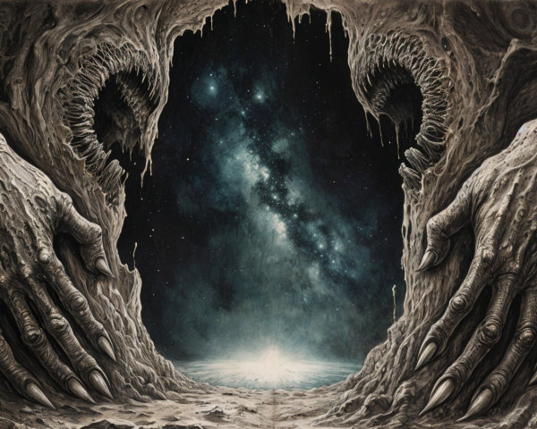 Surreal Scene with Grotesque Hands and Cosmic Portal