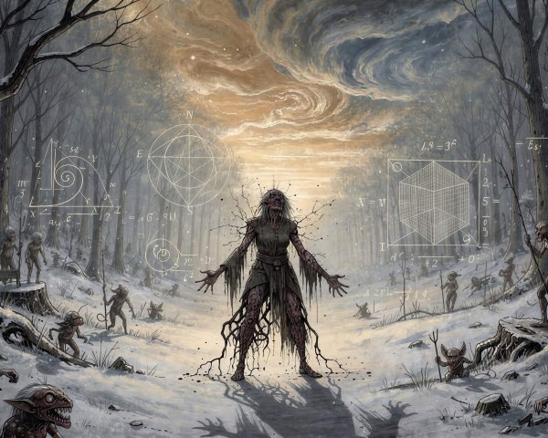 Eerie Digital Painting of a Snowy Forest with Creatures