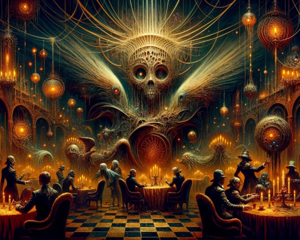 Surreal Grand Hall with Elegant Figures and Dark Entity