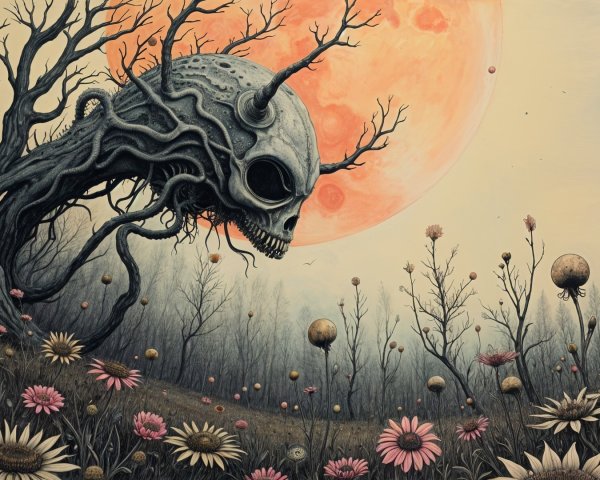 Haunting Landscape with Skull and Orange Moon