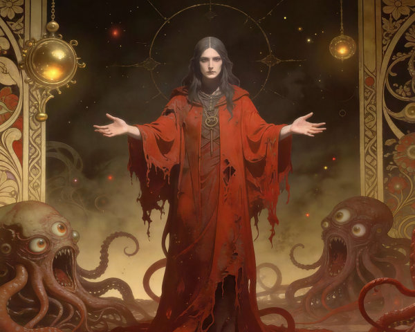 Horror-Themed Digital Painting of Woman and Creatures