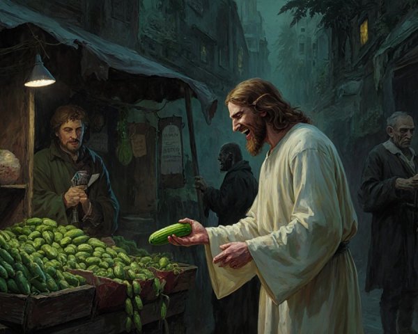 Religious Leader Examines Cucumber in Market Street