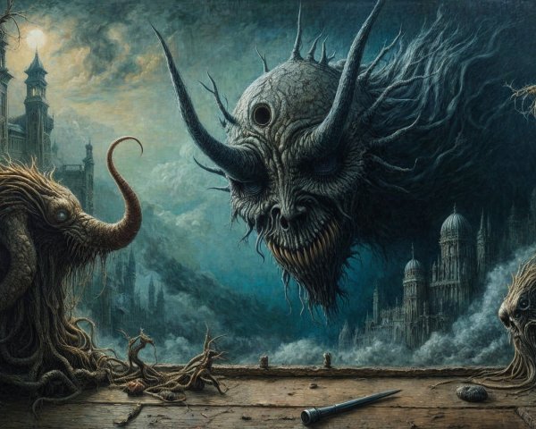 Surreal Dark Landscape with Monstrous Face and Architecture