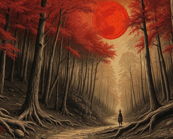 Surreal Forest Path with Vibrant Red Leaves at Dusk