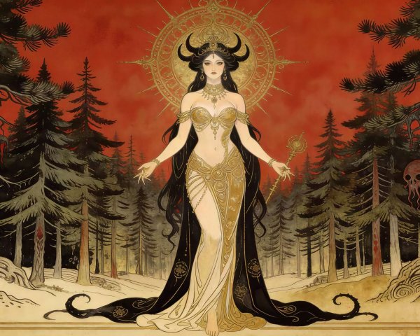Goddess-like Woman in Ornate Dress in Pine Forest