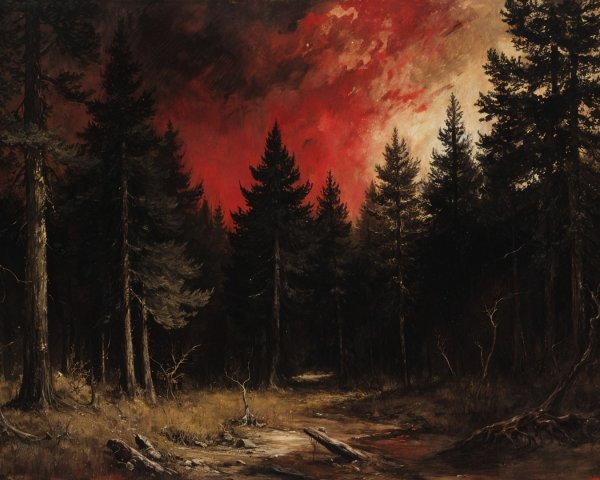 Dark Forest Scene with Pine Trees and Colorful Sky