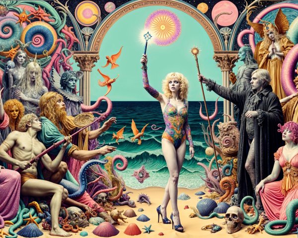 Surreal Beach Scene with Mythical Creatures and Color