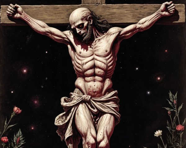 Skeletal Figure on Cross Surrounded by Flowers