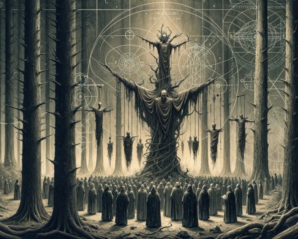 Mysterious Figure in Enchanted Forest with Worshippers