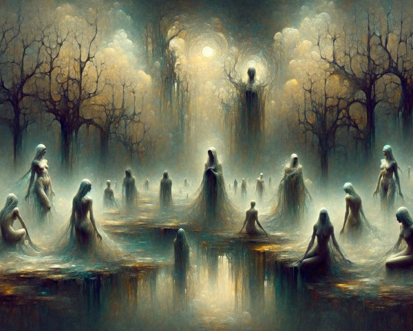 Mystical Landscape with Fog and Ghostly Figures