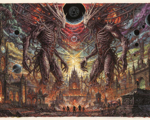 Giant skeletal figures in a gothic apocalyptic city