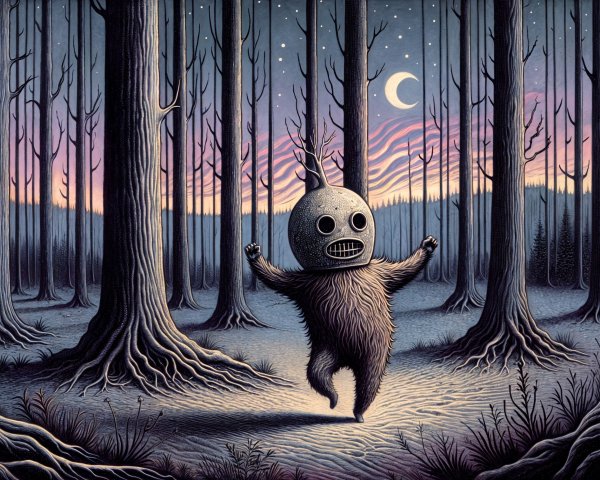 Surreal Twilight Forest with Dancing Figure and Moon