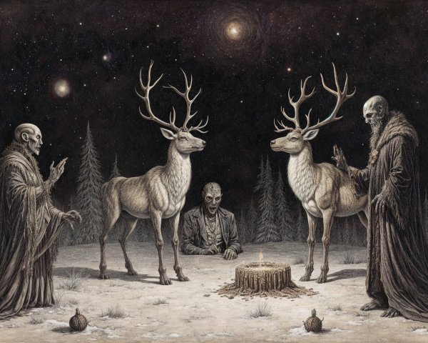 Surreal Landscape with Deer and Hooded Figures in Ritual