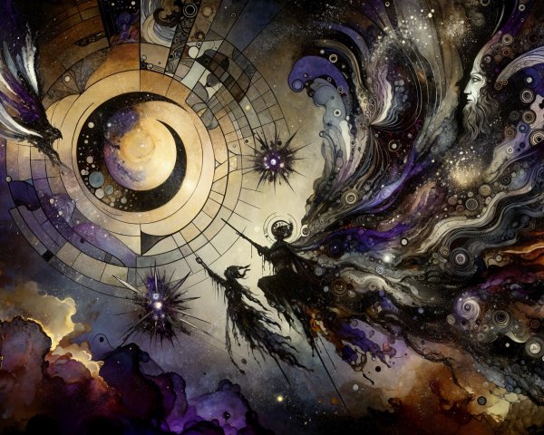 Crescent Moon Amidst Galaxies and Ethereal Figures